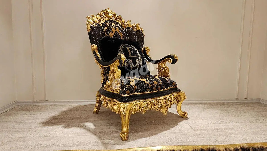 Elegant Kamelya Black Classic Sofa Set - Luxurious Design with Platinum and Gold Leaf Accents